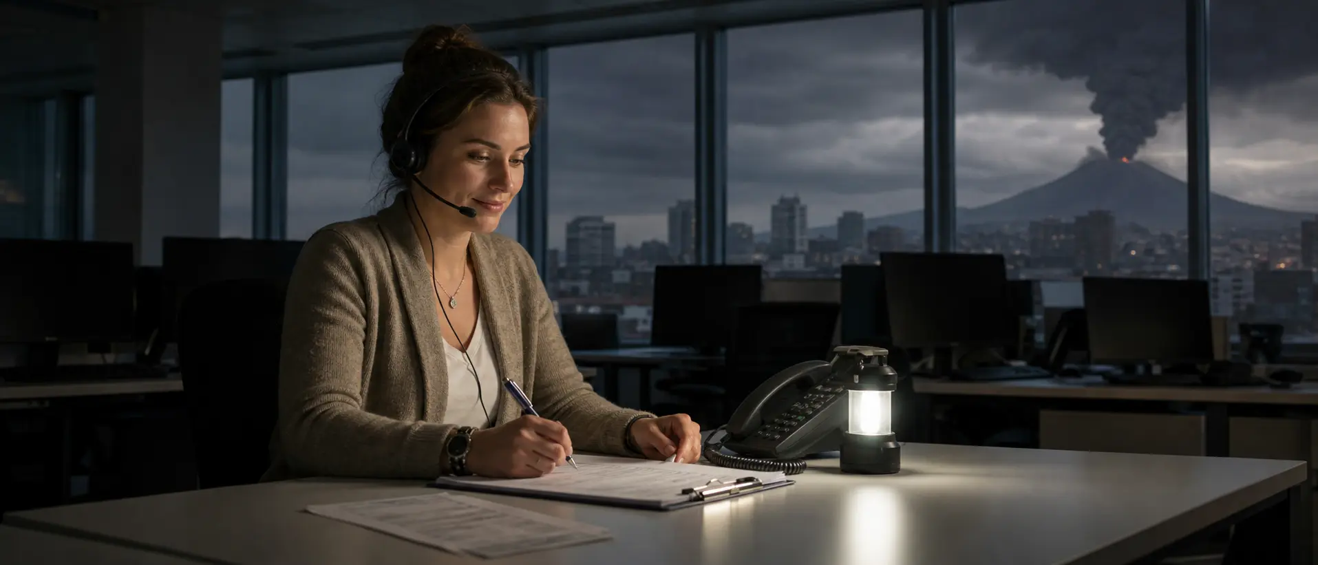 Customer-Service-Mitarbeiterin arbeitet beim Stromausfall mit vorbereitetem Ersatzverfahren weiter