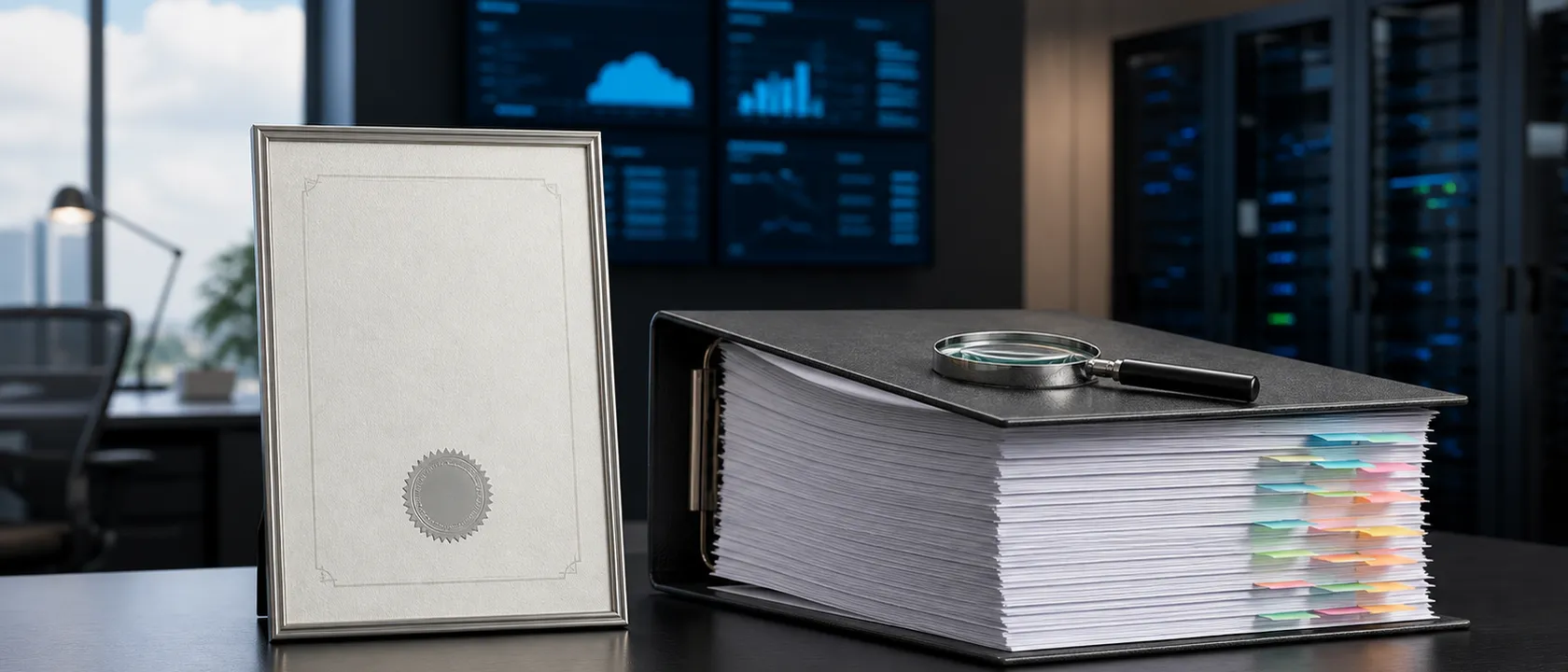 C5-Prüfbericht und leeres Zertifikat vor Cloud-Infrastruktur