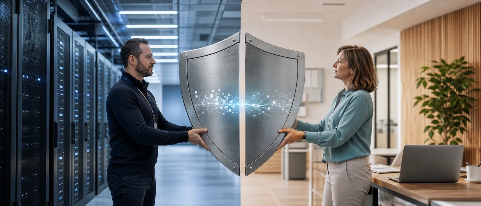 Cloud-Anbieter und Cloud-Kunde halten gemeinsam zwei Hälften eines Schutzschilds zwischen Rechenzentrum und Pflegebüro