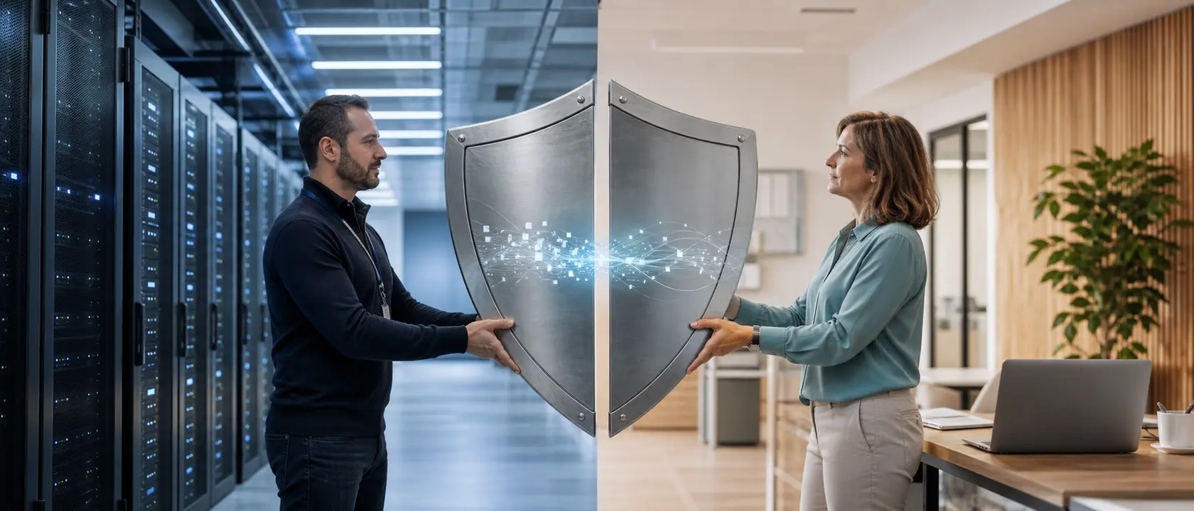 Cloud-Anbieter und Cloud-Kunde halten gemeinsam zwei Hälften eines Schutzschilds zwischen Rechenzentrum und Pflegebüro
