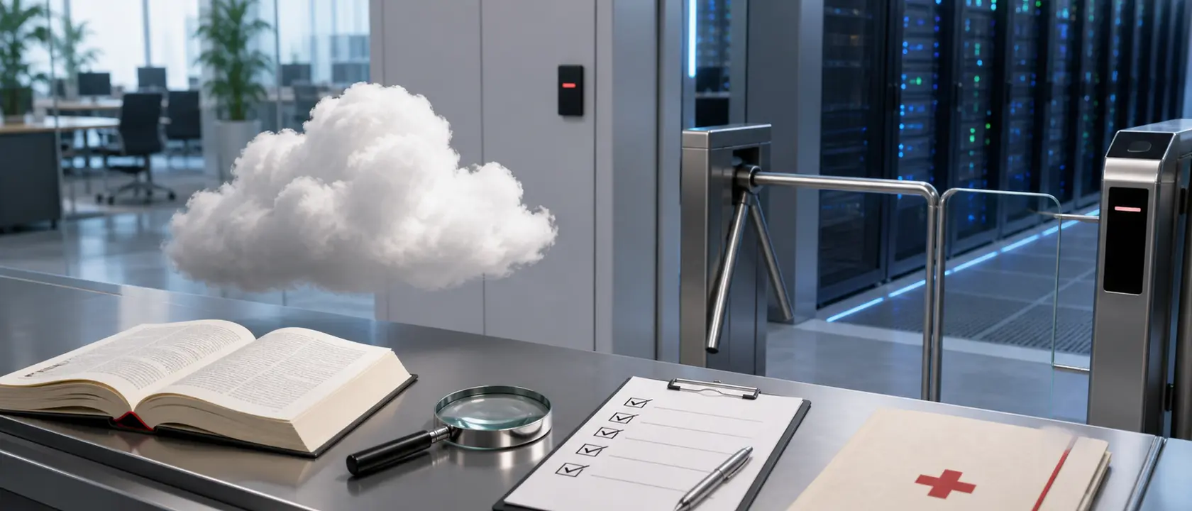 Cloud-Dienst mit Prüfunterlagen am Zugang zu einem Rechenzentrum