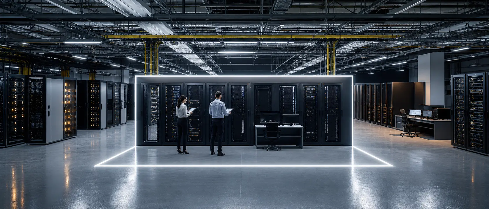 Klar abgegrenzter Prüfungsbereich mit Serverracks in einem modernen Rechenzentrum, während weitere Systeme sichtbar außerhalb des C5-Scopes stehen