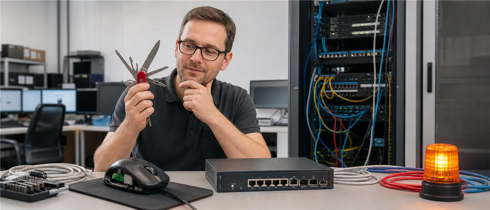 IT-Techniker nutzt ein Schweizer Taschenmesser als Sinnbild für die Steuerung unterschiedlicher Änderungen im Kundenbetrieb