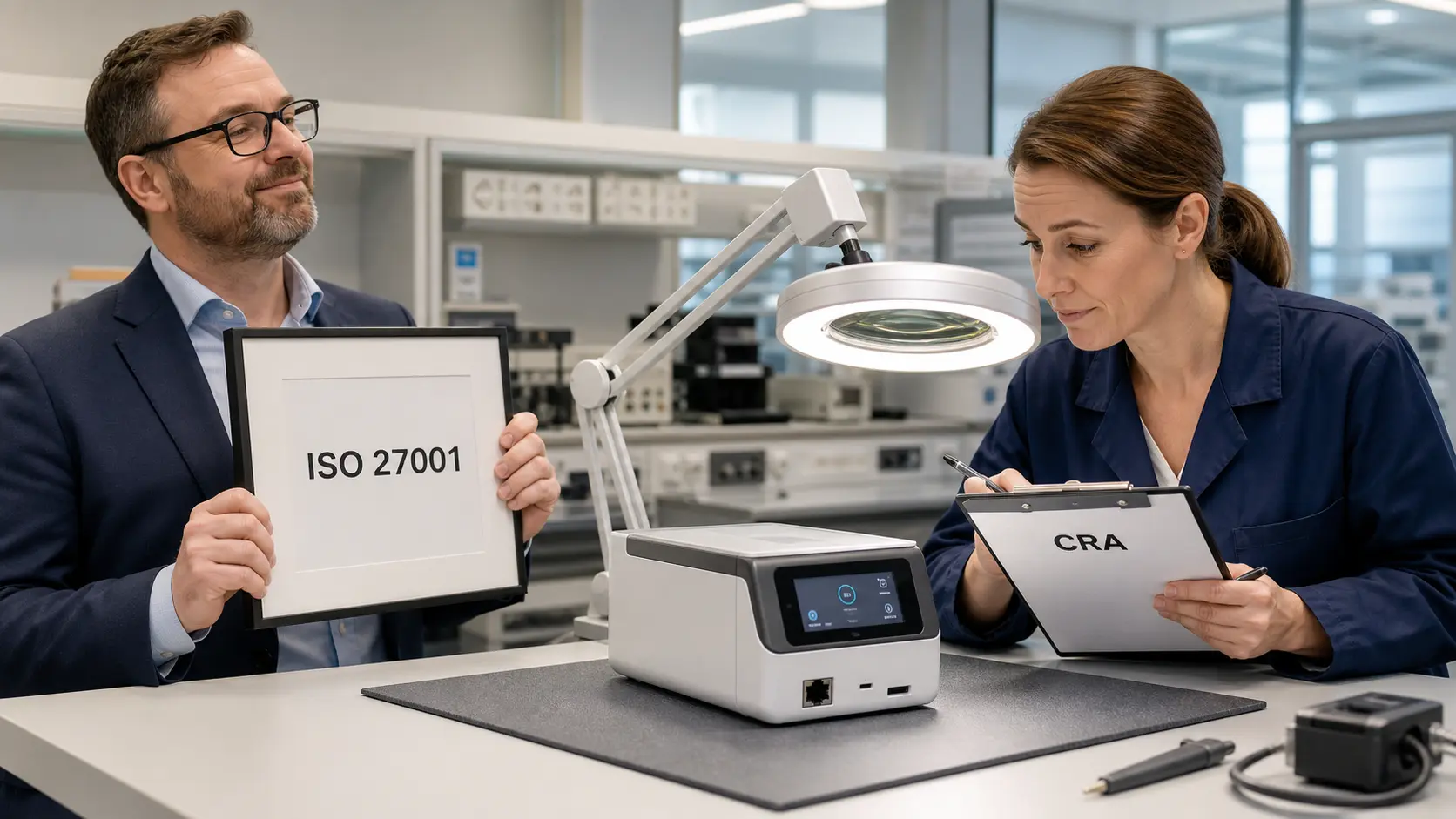 Hersteller mit ISO 27001-Zertifikat bei der CRA-Prüfung eines digitalen Produkts