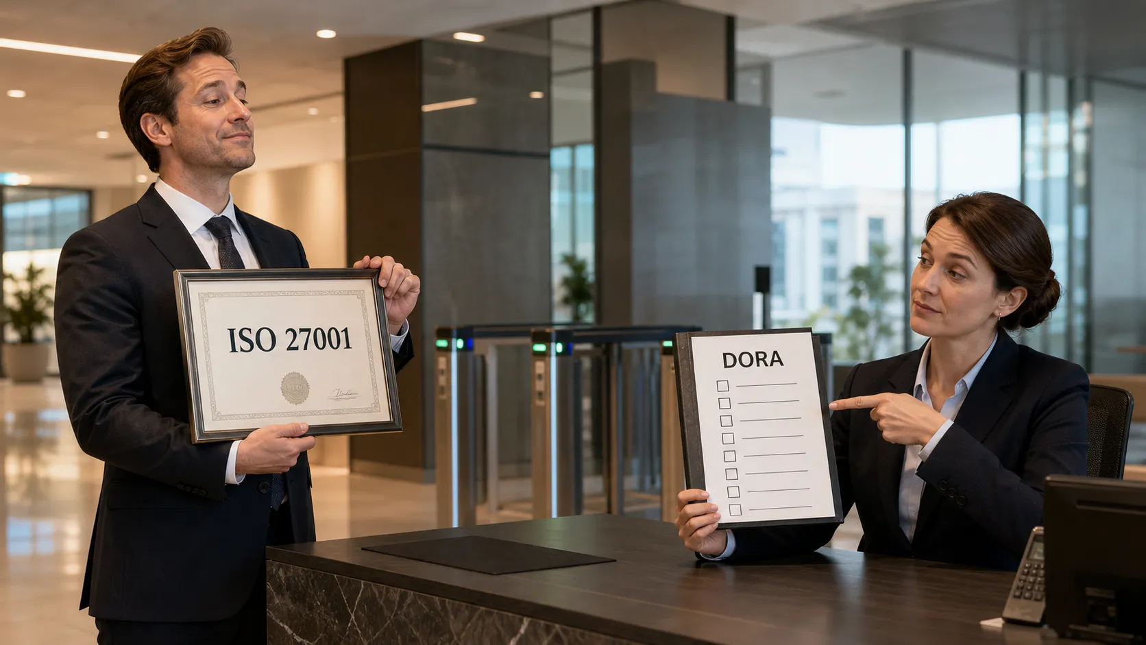 Geschäftsmann mit ISO 27001-Zertifikat an einem DORA-Kontrollpunkt