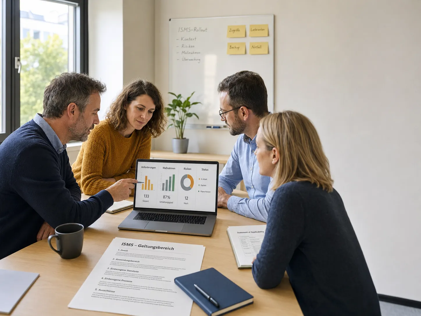 einfachISO-Beraterin und Kundenteam besprechen den ISMS-Rollout für die ISO-27001-Zertifizierung am Laptop