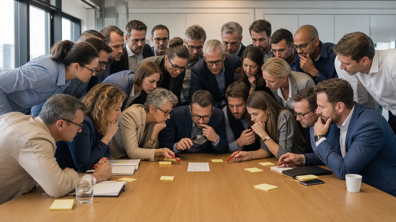 Große Besprechungsrunde prüft mit roten Stiften und Lupe eine kurze ISO 27001-Richtlinie