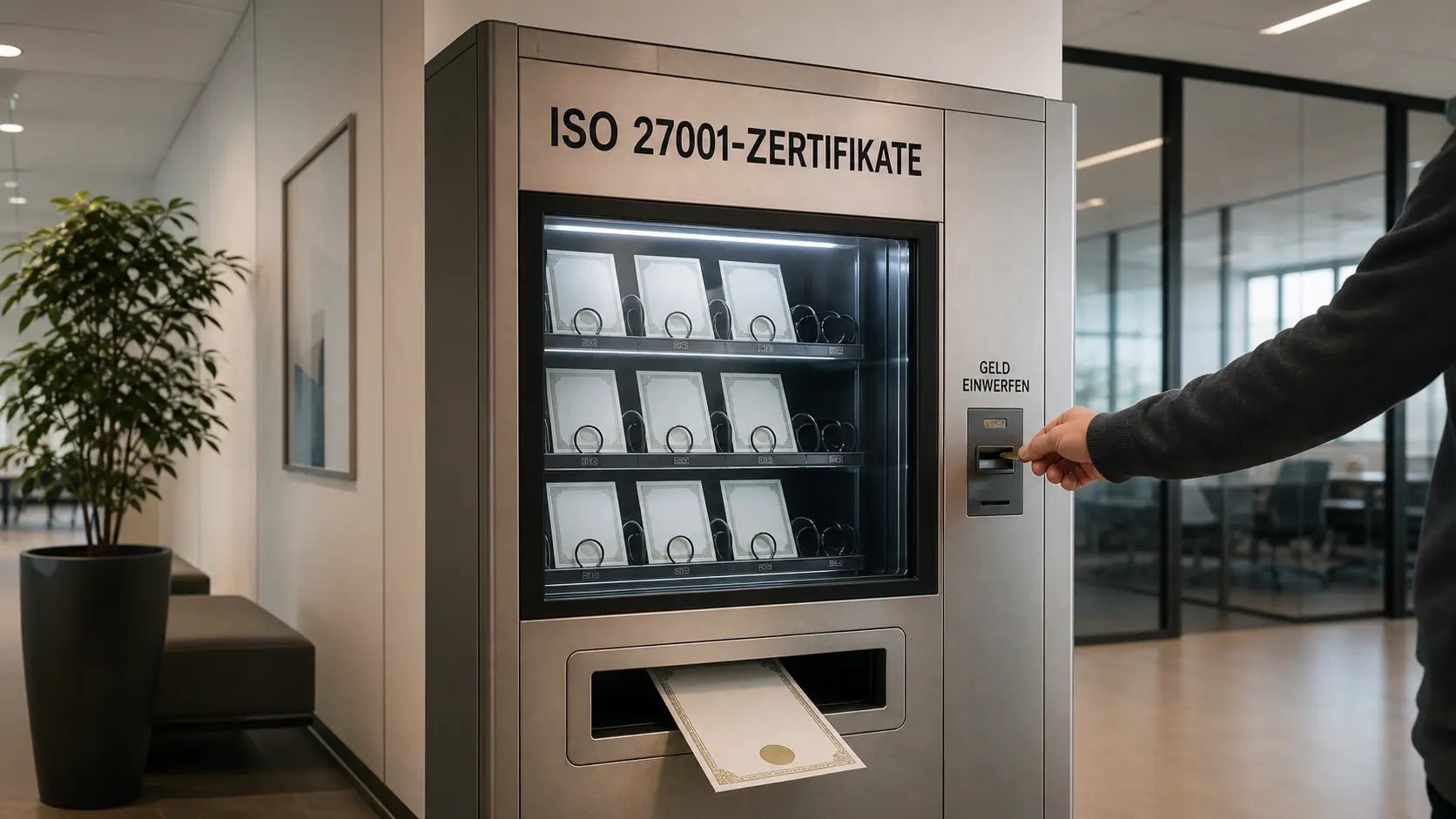 Zertifikatsautomat mit der Aufschrift „ISO 27001-Zertifikate“: Geld einwerfen, Zertifikat entnehmen