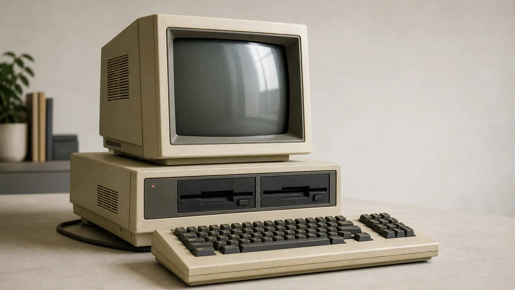 Beigefarbener Retro-Computer mit Röhrenmonitor und Diskettenlaufwerken