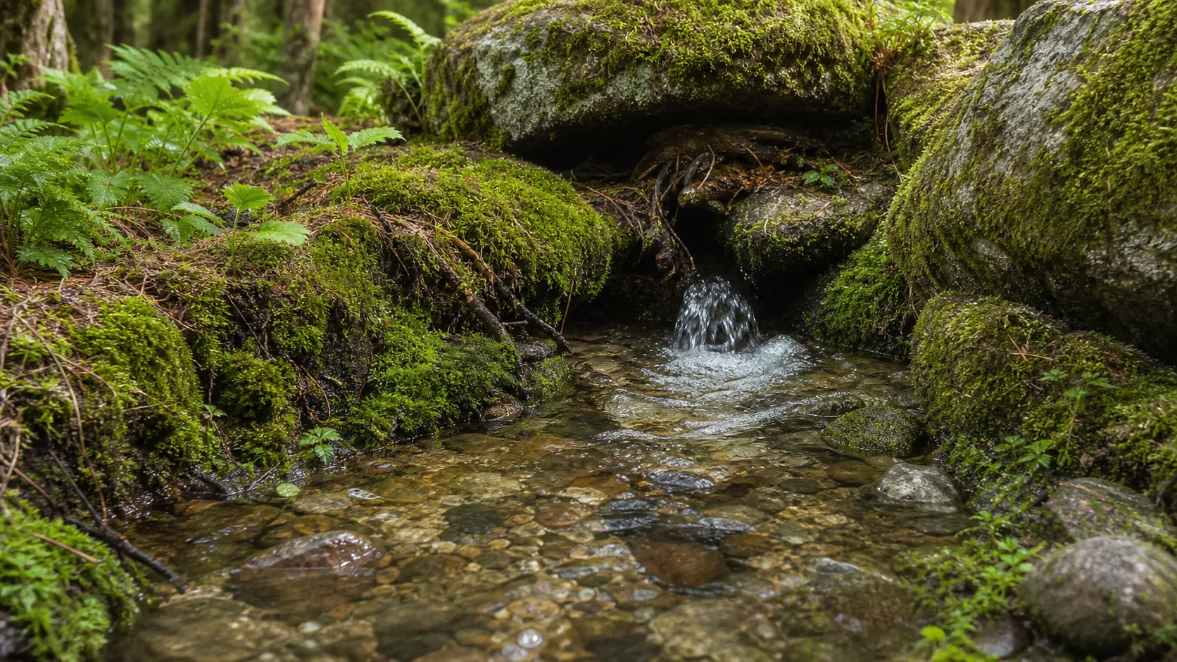 Quellbach entspringt zwischen moosbewachsenen Steinen im Wald