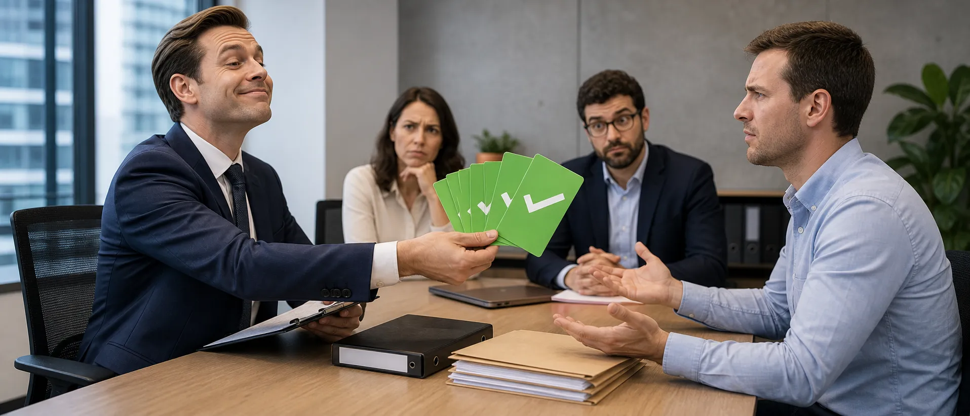 Auditor bietet einem Befragten grüne Ja-Antwortkarten an, statt im Internen Audit offene Fragen zu stellen