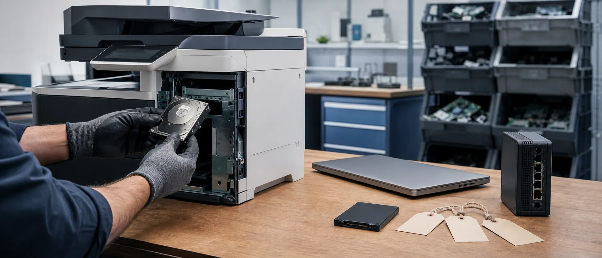 Techniker entfernt den internen Datenträger aus einem gebrauchten Multifunktionsdrucker vor Weiterverkauf oder Entsorgung
