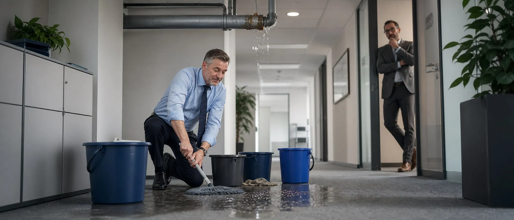Manager wischt Wasser unter einem undichten Rohr auf, ohne die Ursache des Lecks zu reparieren