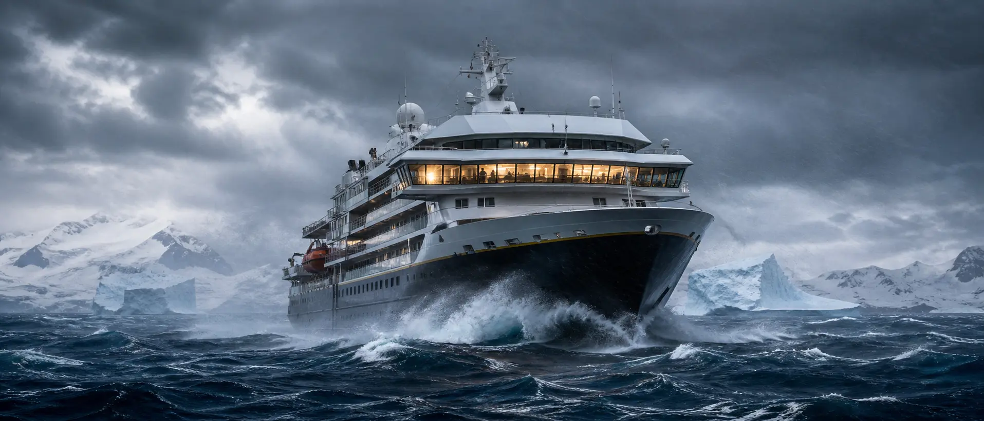 Expeditions-Kreuzfahrtschiff im Sturm vor der Antarktis als Symbol für Verantwortung bei der ISO 27001-Beratung