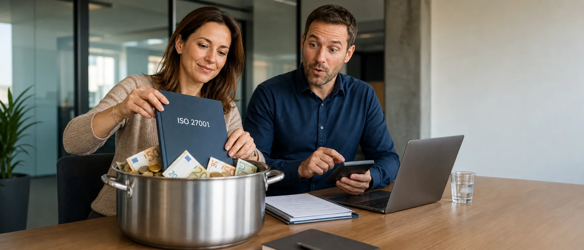 ISO 27001 Projektordner wird in einen Fördertopf mit Euro-Scheinen gelegt