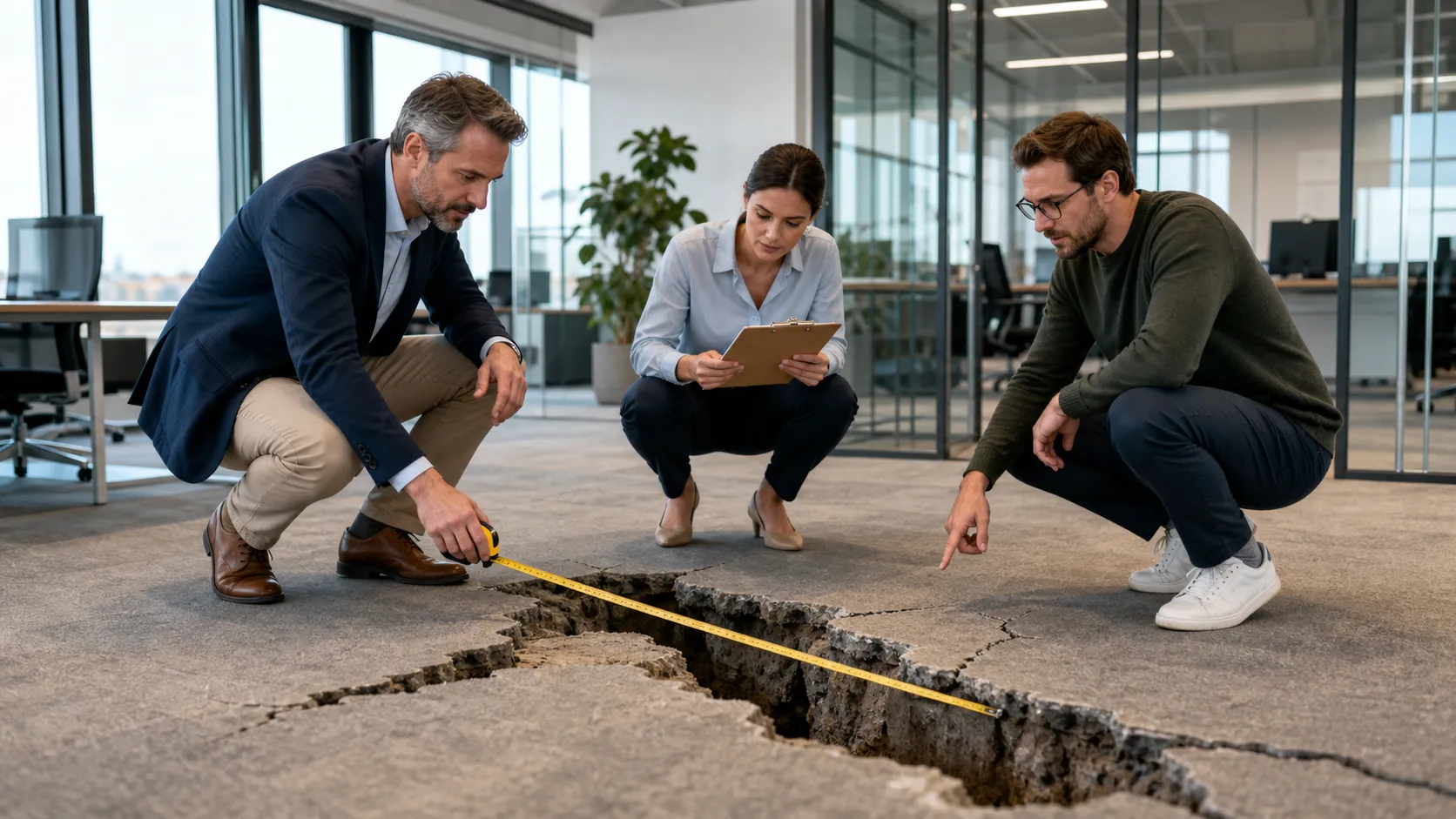 Drei Personen vermessen bei einer ISO 27001 Gap-Analyse eine Lücke im Büroboden