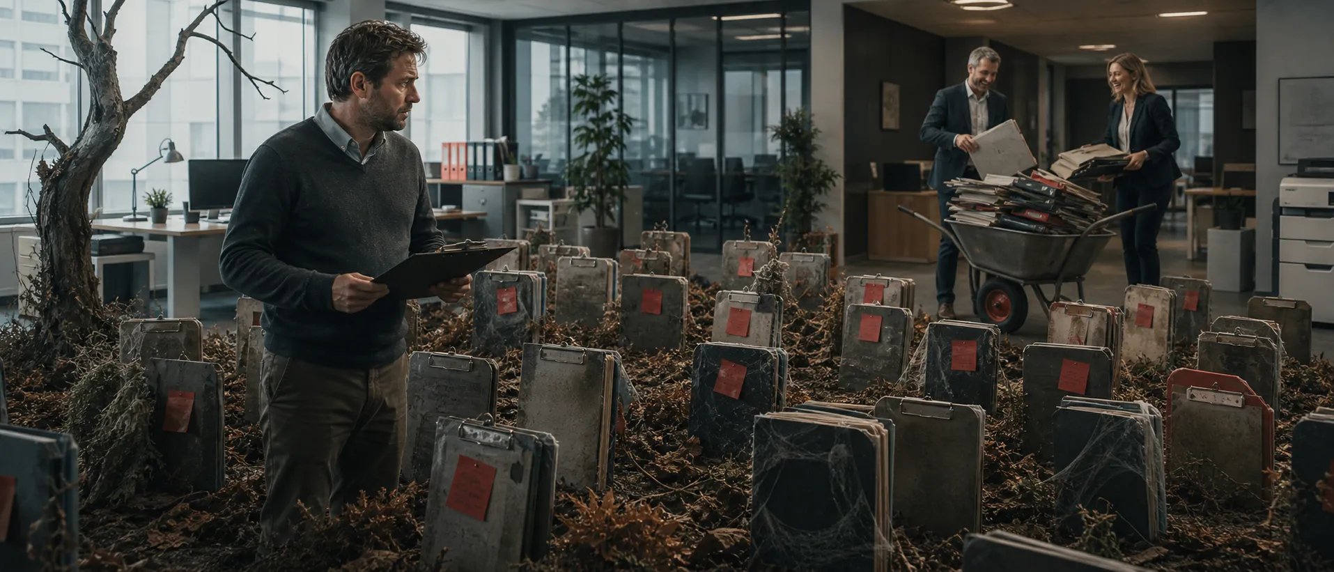 Überforderter ISMS-Verantwortlicher steht zwischen verstaubten Maßnahmenordnern auf einem Büro-Friedhof