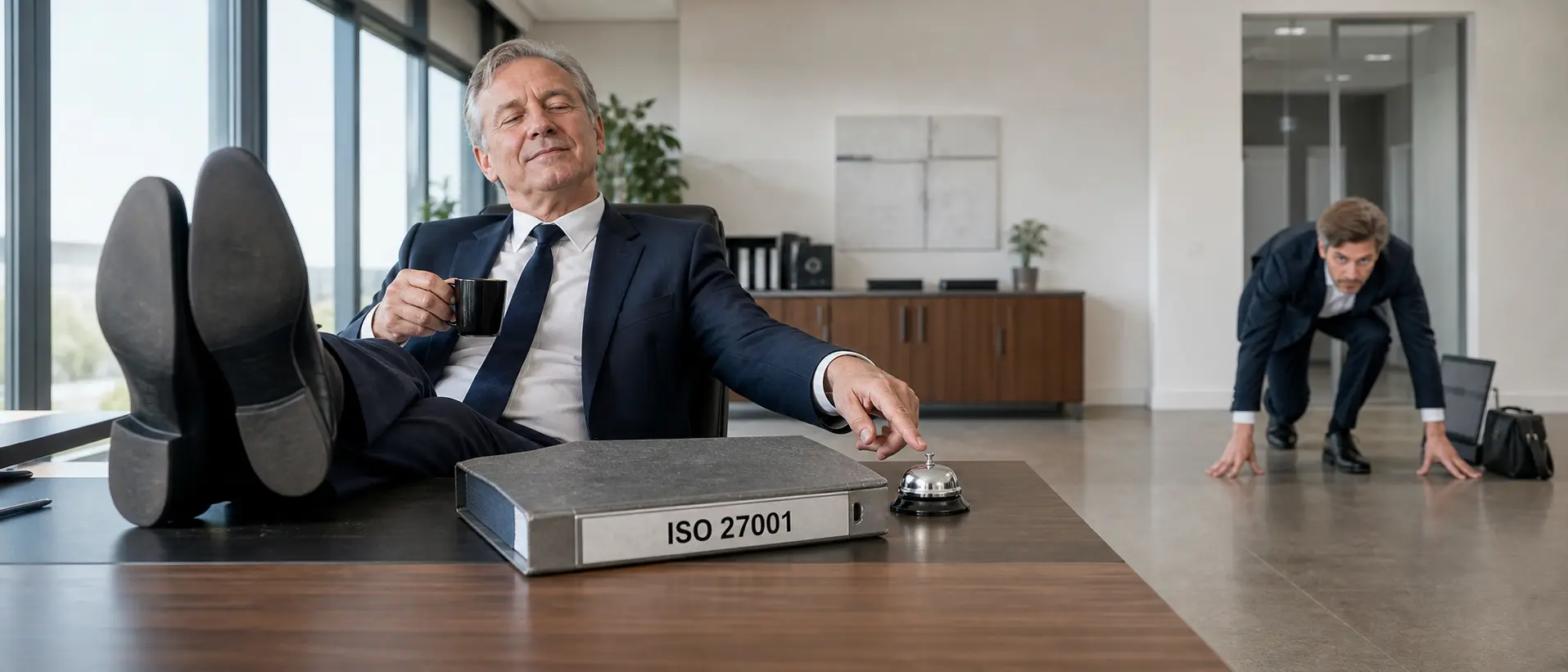 Geschäftsführer klingelt nach seinem ISO 27001-Berater, der im Startblock wartet