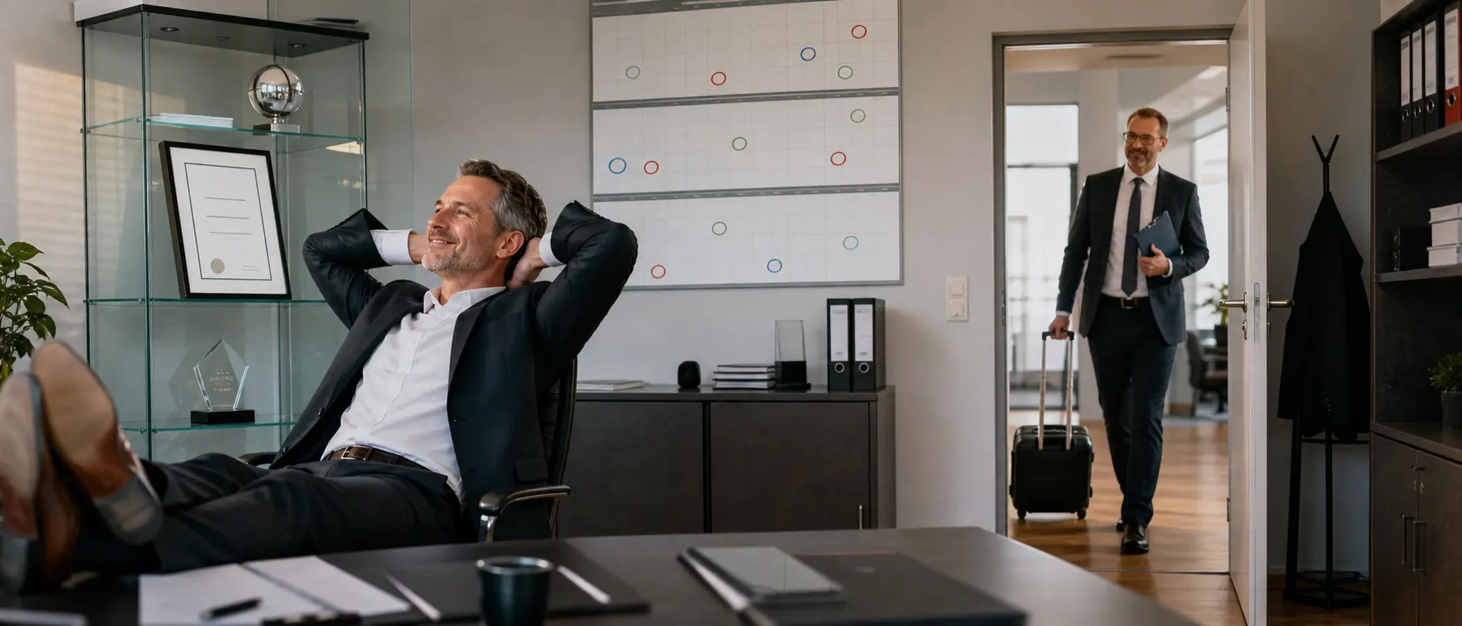 Gerahmtes ISO 27001-Zertifikat im Büro, während vor der Tür bereits ein Auditor mit Klemmbrett wartet