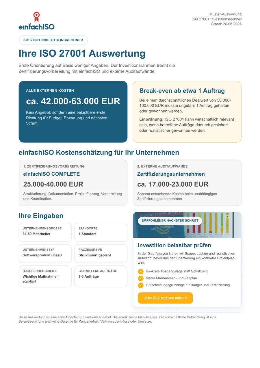 Vorschau der persönlichen PDF-Auswertung des ISO 27001 Investitionsrechners