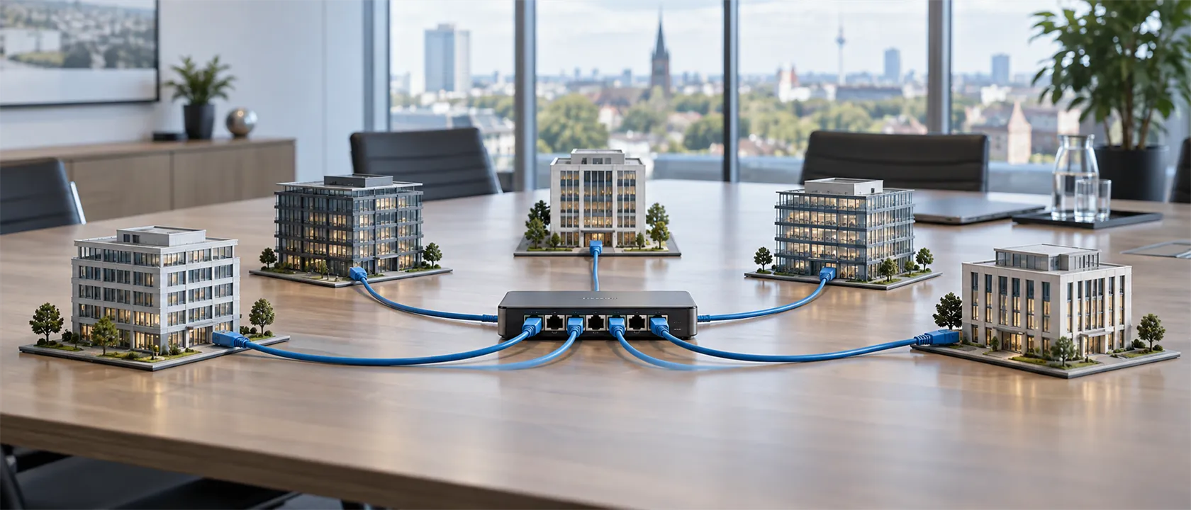 Mehrere getrennte kleine Bürogebäude sind über Netzwerkkabel mit derselben zentralen IT verbunden