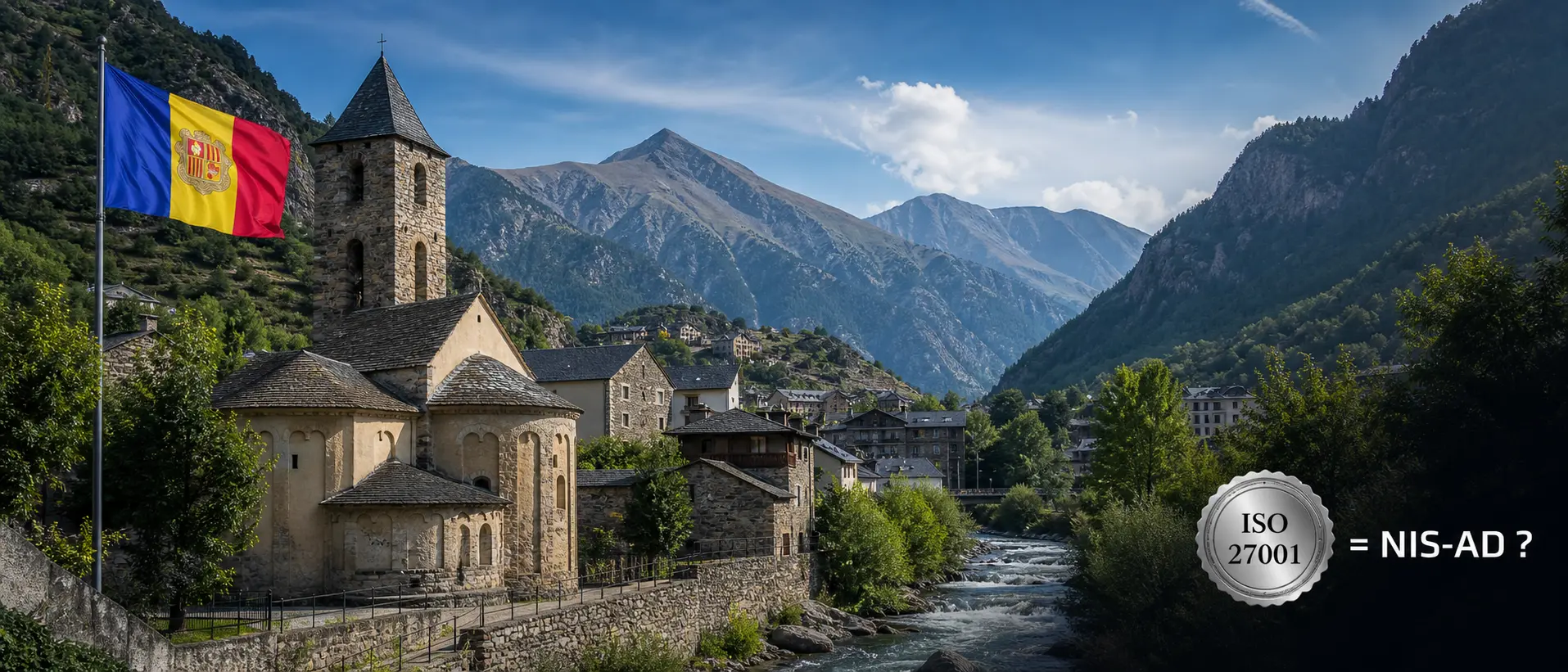 Andorranische Pyrenäen mit Landesflagge und Vergleich ISO 27001 = NIS-AD?