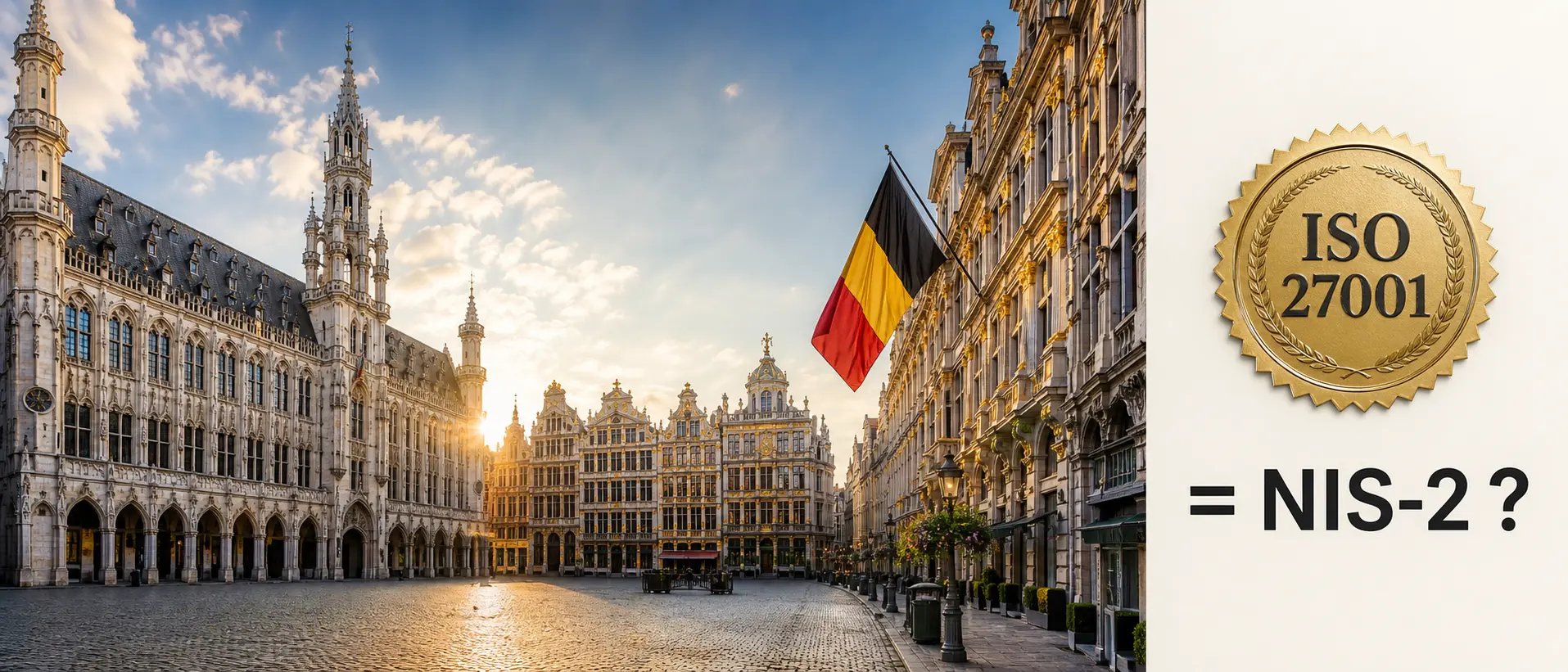 Brüsseler Grand-Place mit belgischer Flagge und der Frage ISO 27001 gleich NIS-2?