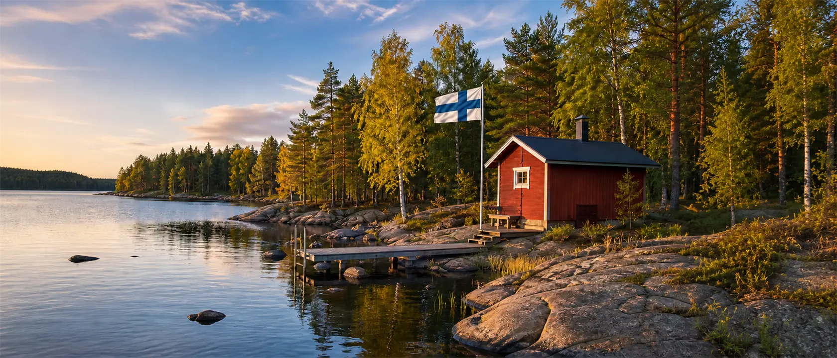 Finnland: Landesflagge und typische Landschaft
