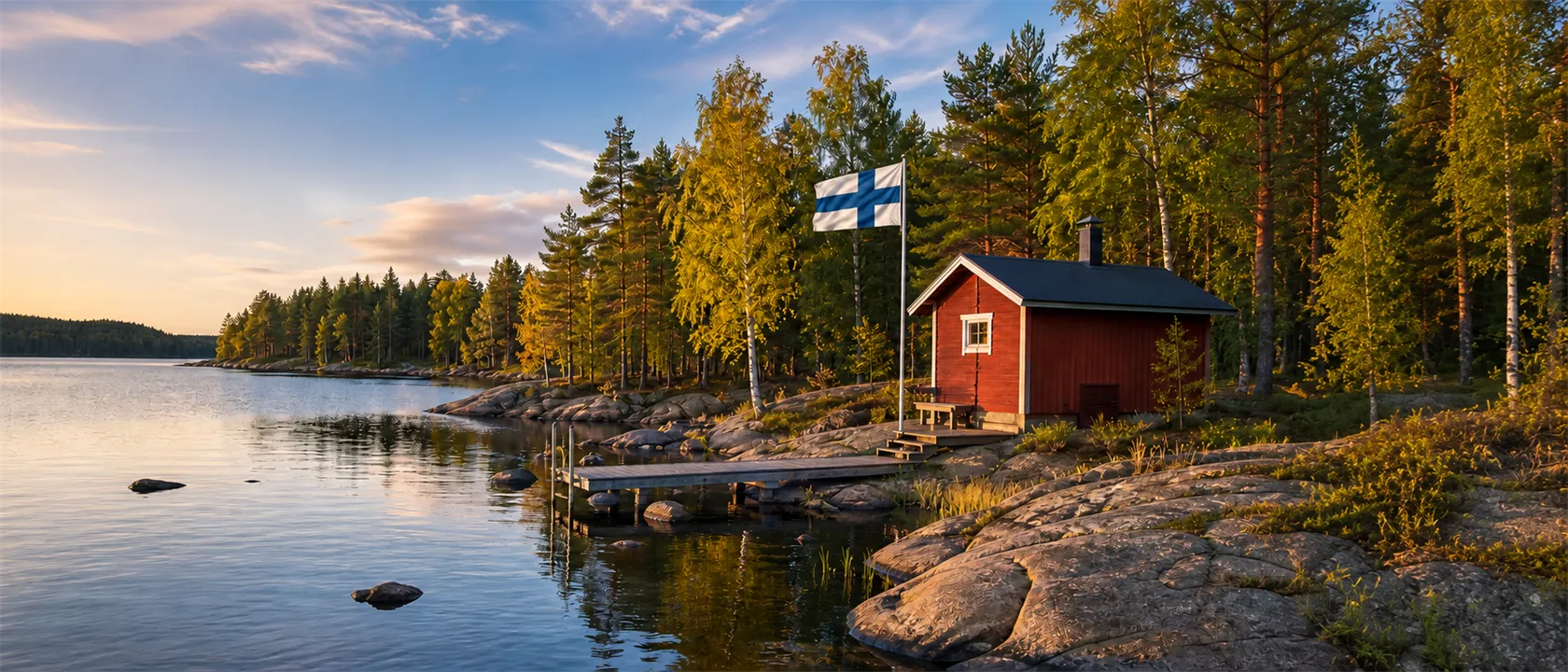 Finnland: Landesflagge und typische Landschaft