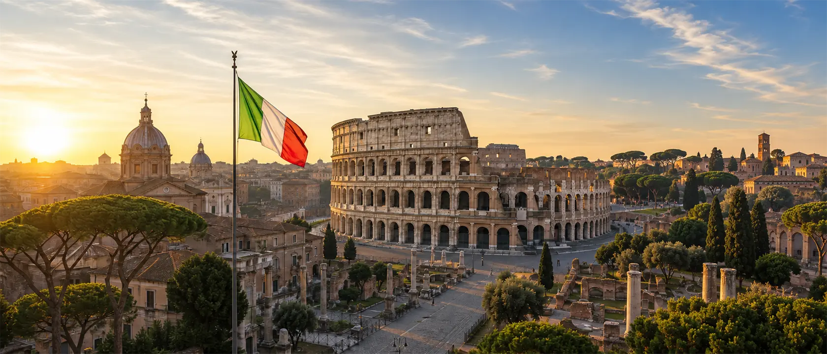 Italien: Landesflagge und typische Landschaft