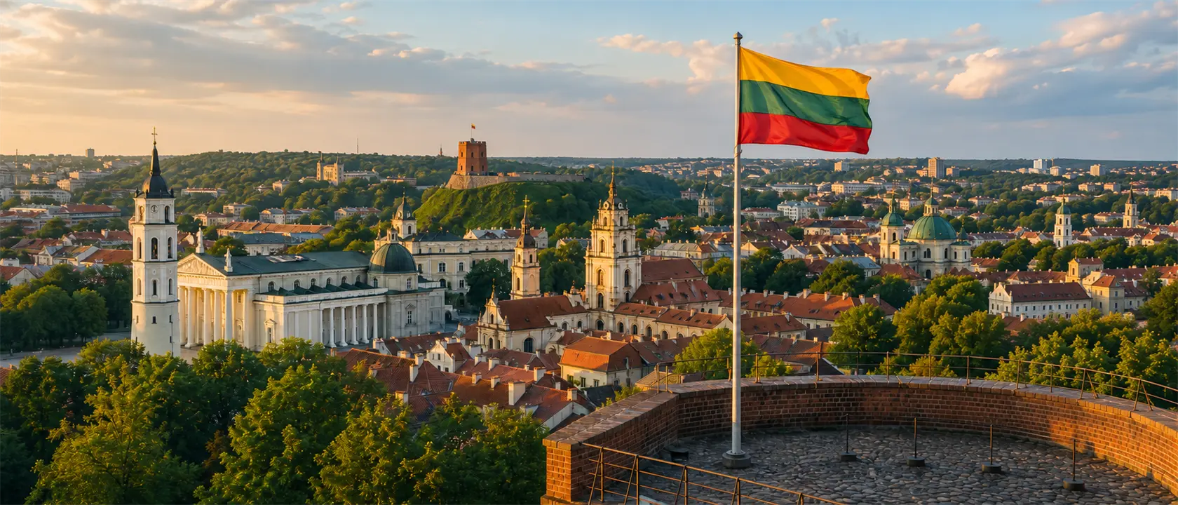 Litauen: Landesflagge und typische Landschaft