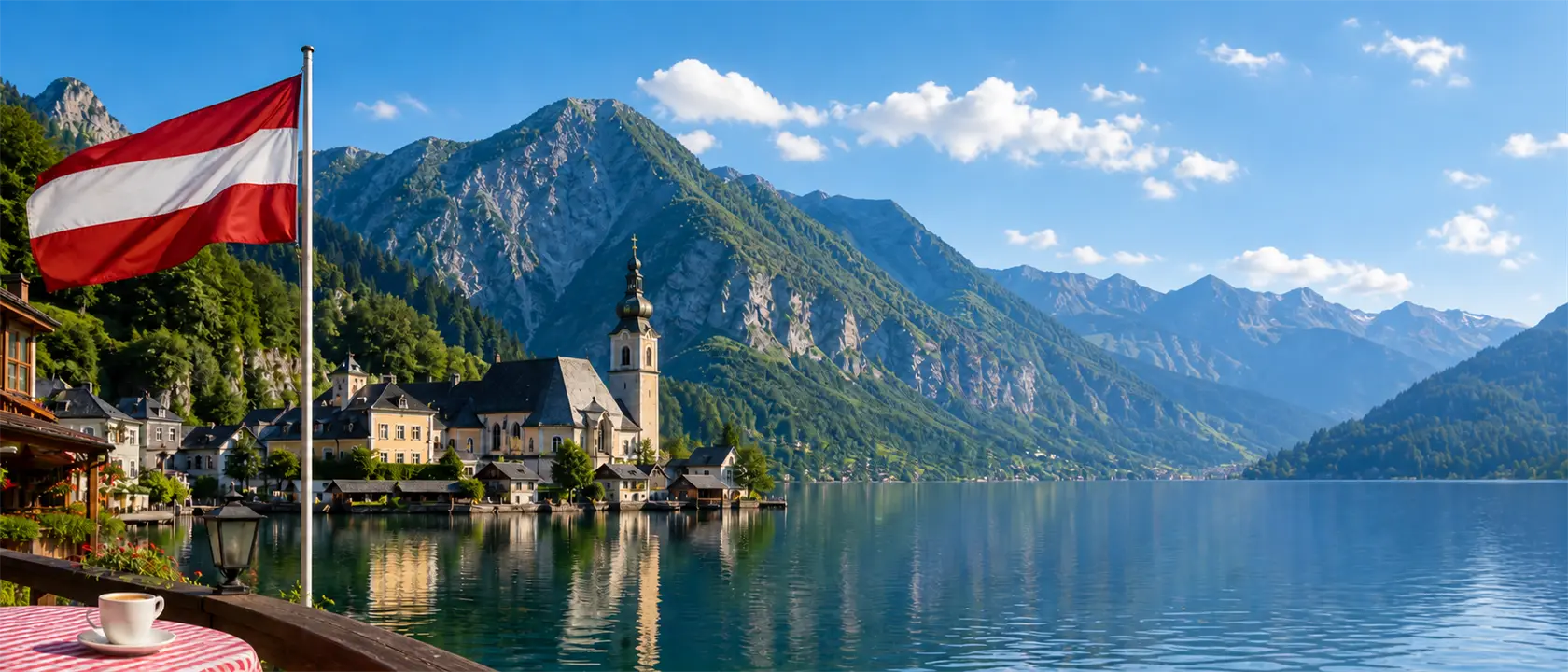 Österreich: Landesflagge und typische Landschaft