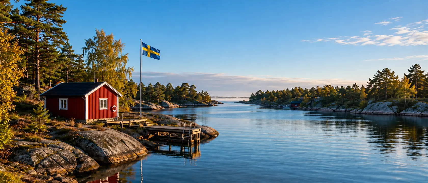 Schweden: Landesflagge und typische Landschaft