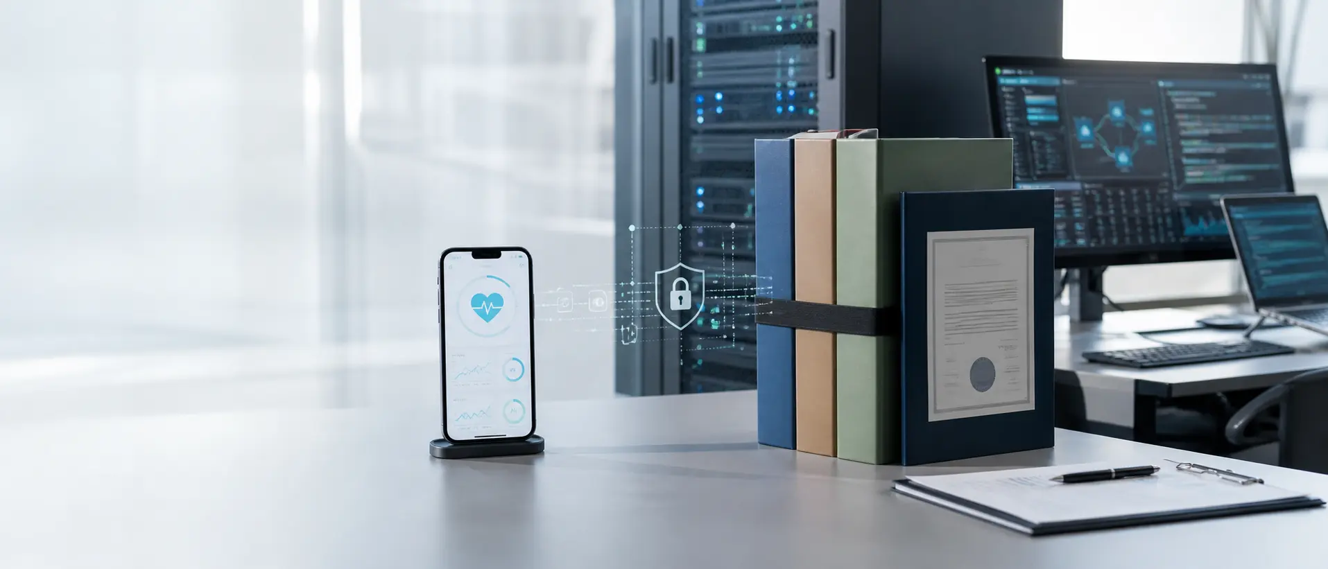 Smartphone mit abstrakter Gesundheitsanwendung, Servertechnik und gebündelten Zertifizierungsunterlagen