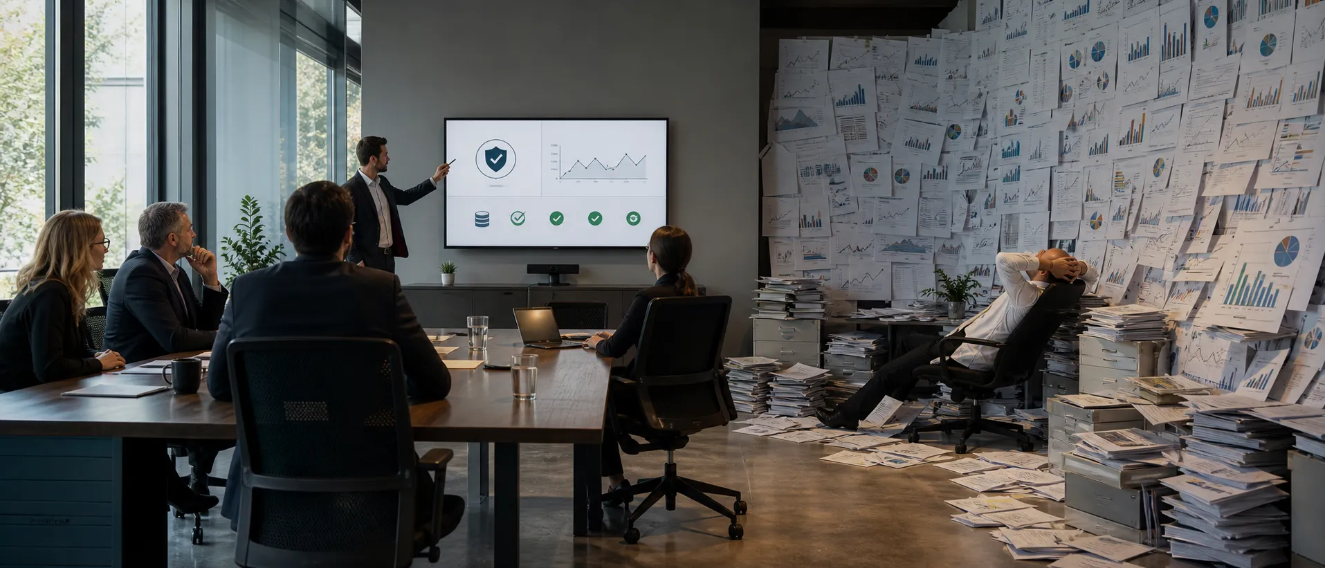 Klare Sicherheitskennzahlen im Managementmeeting neben einer überladenen Wand aus Diagrammen