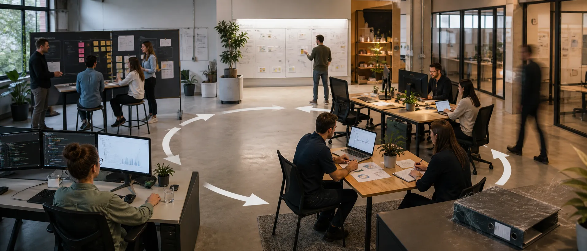 Unternehmensbereiche arbeiten in einem sichtbaren Kreislauf aus Planung, Umsetzung, Prüfung und Verbesserung