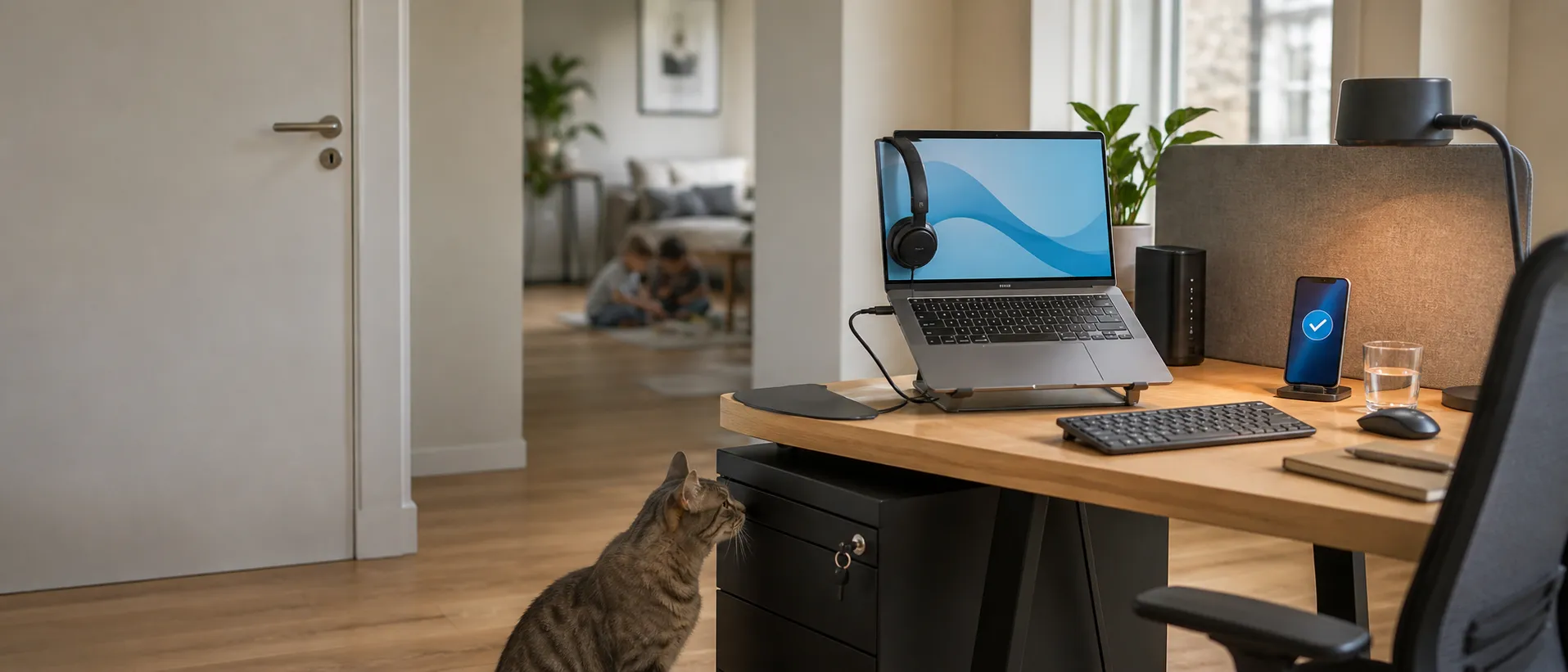 Sicher eingerichteter Home-Office-Arbeitsplatz mit verwaltetem Laptop, MFA und geschützter Ablage