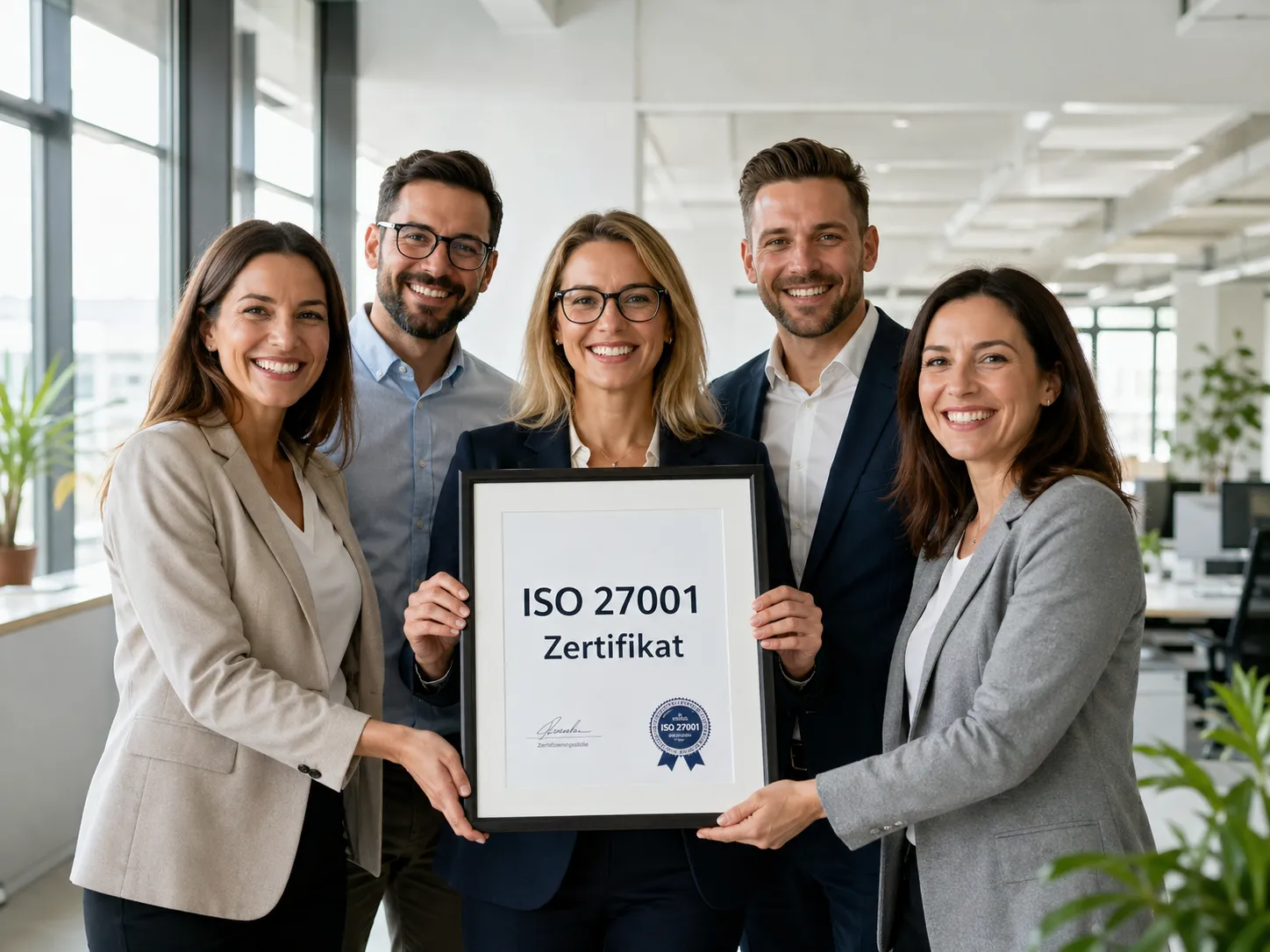 Projektteam präsentiert das frisch erhaltene ISO-27001-Zertifikat