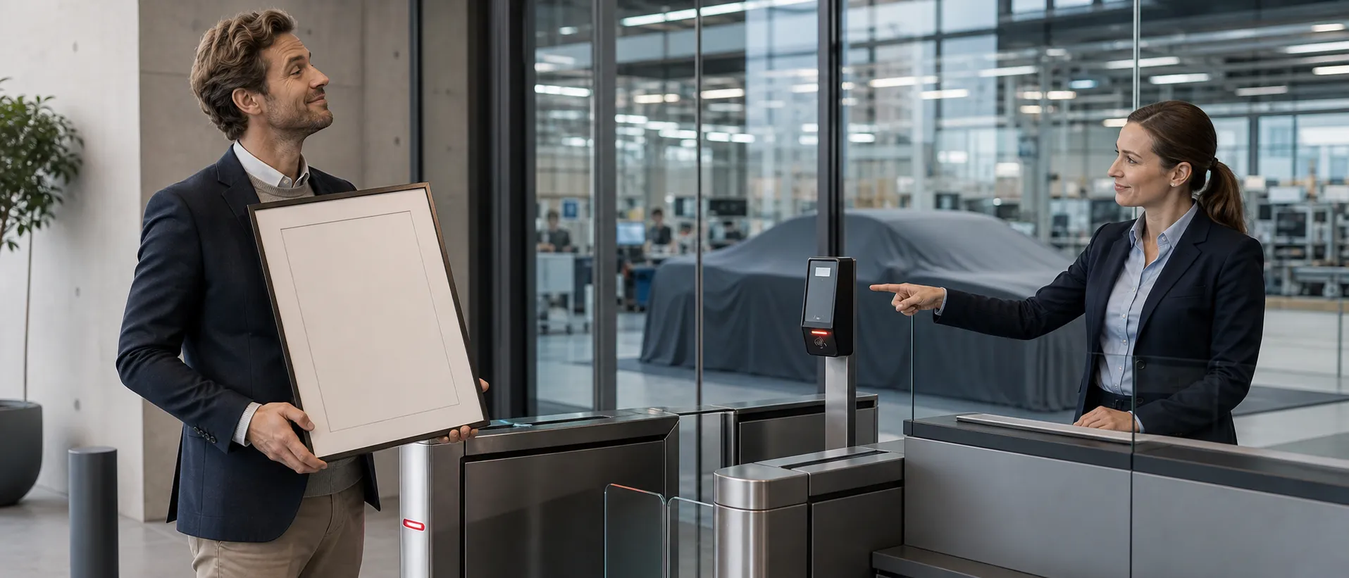 Lieferant mit Zertifikat steht vor geschlossenem Zugang zu einer Automobil-Prototypenhalle
