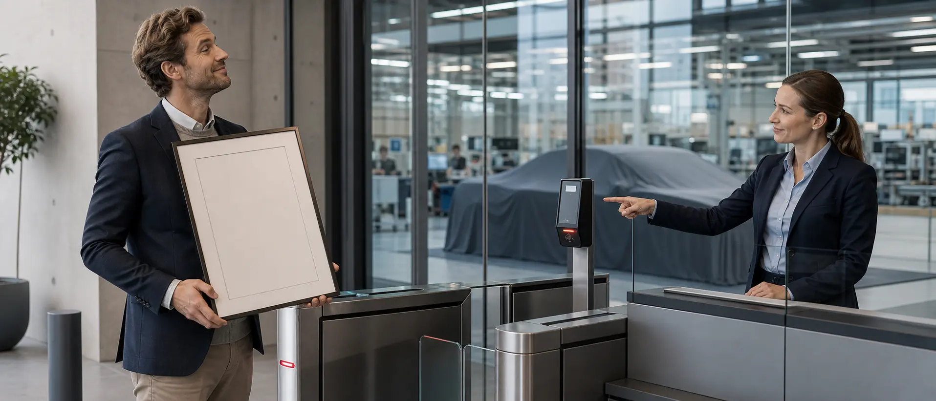 Lieferant mit Zertifikat steht vor geschlossenem Zugang zu einer Automobil-Prototypenhalle
