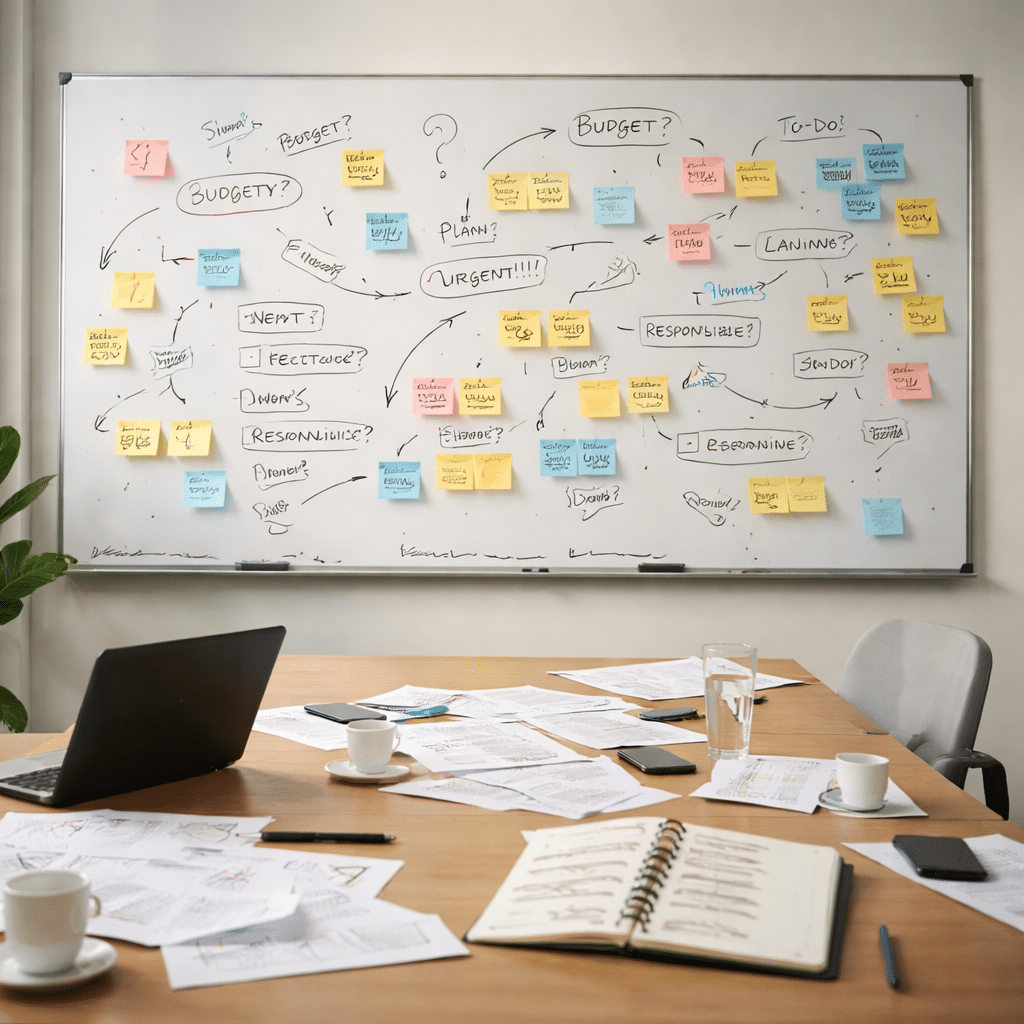 Whiteboard mit messi Tisch und ganz viel Post-its